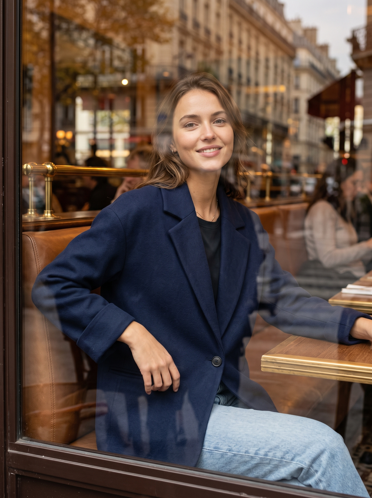 Eulalie navy blue oversized blazer worn by a model seen through a cafe window in autumn