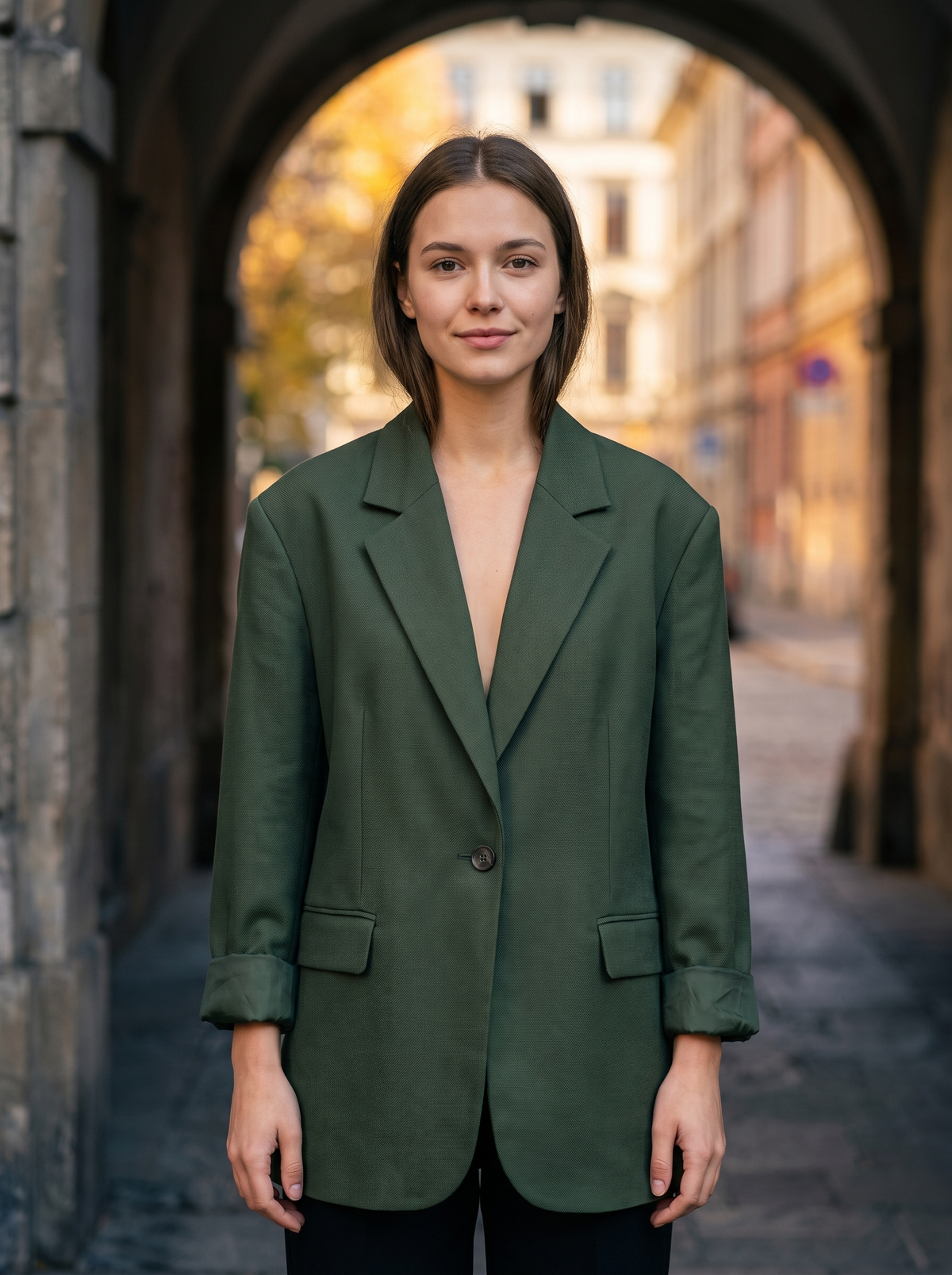 Eulalie dark green oversized blazer worn by a model in a stone archway in autumn