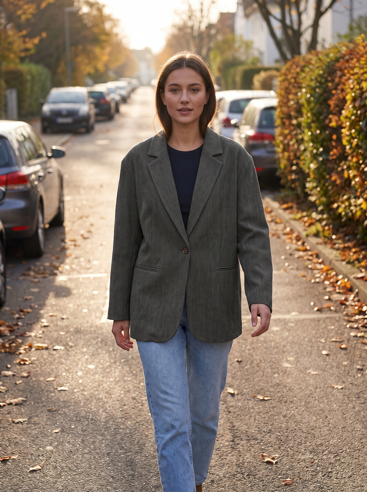 Eulalie dark grey oversized blazer worn by a model on a quiet residential street in autumn