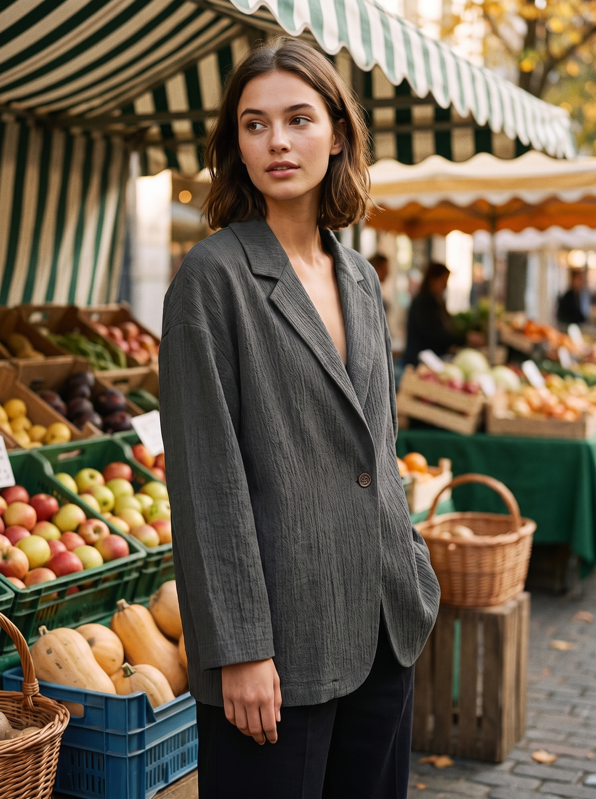 Eulalie dark grey oversized blazer worn by a model at a city market street in autumn