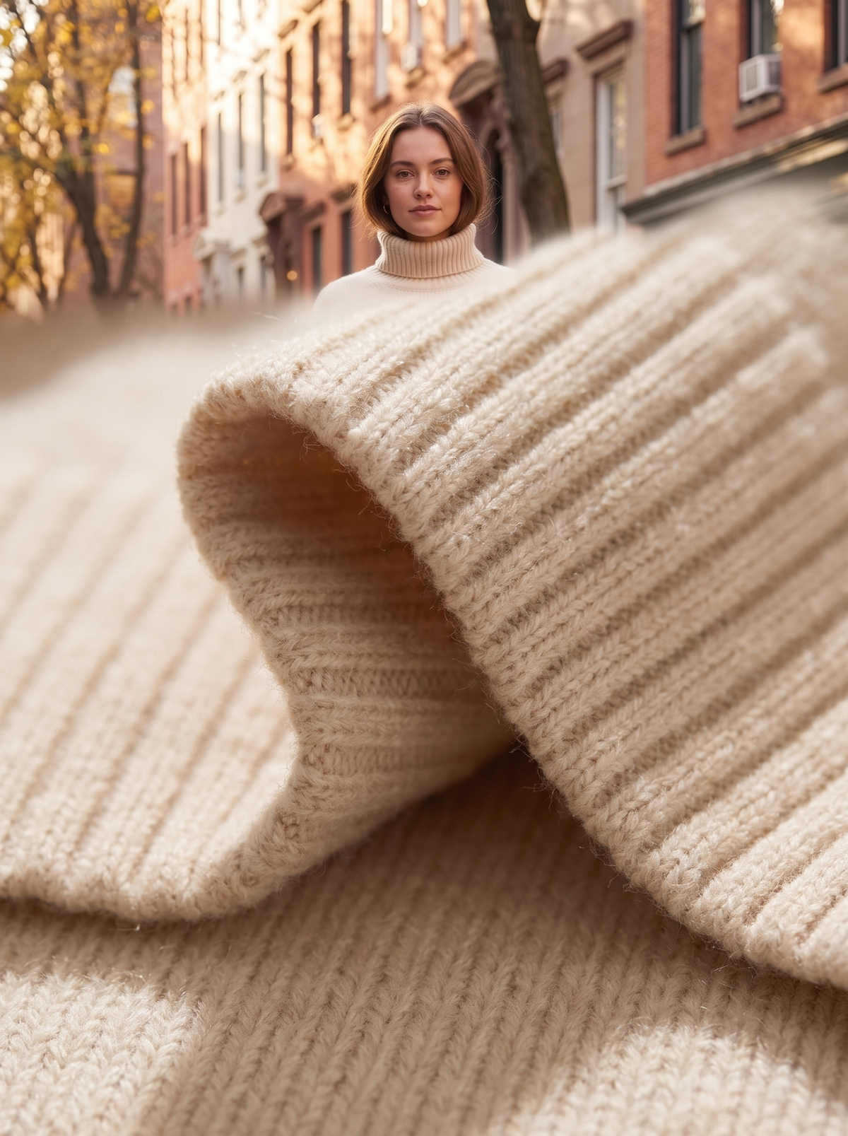 Detail of the Cosima roll neck cashmere sweater showing its material and finish