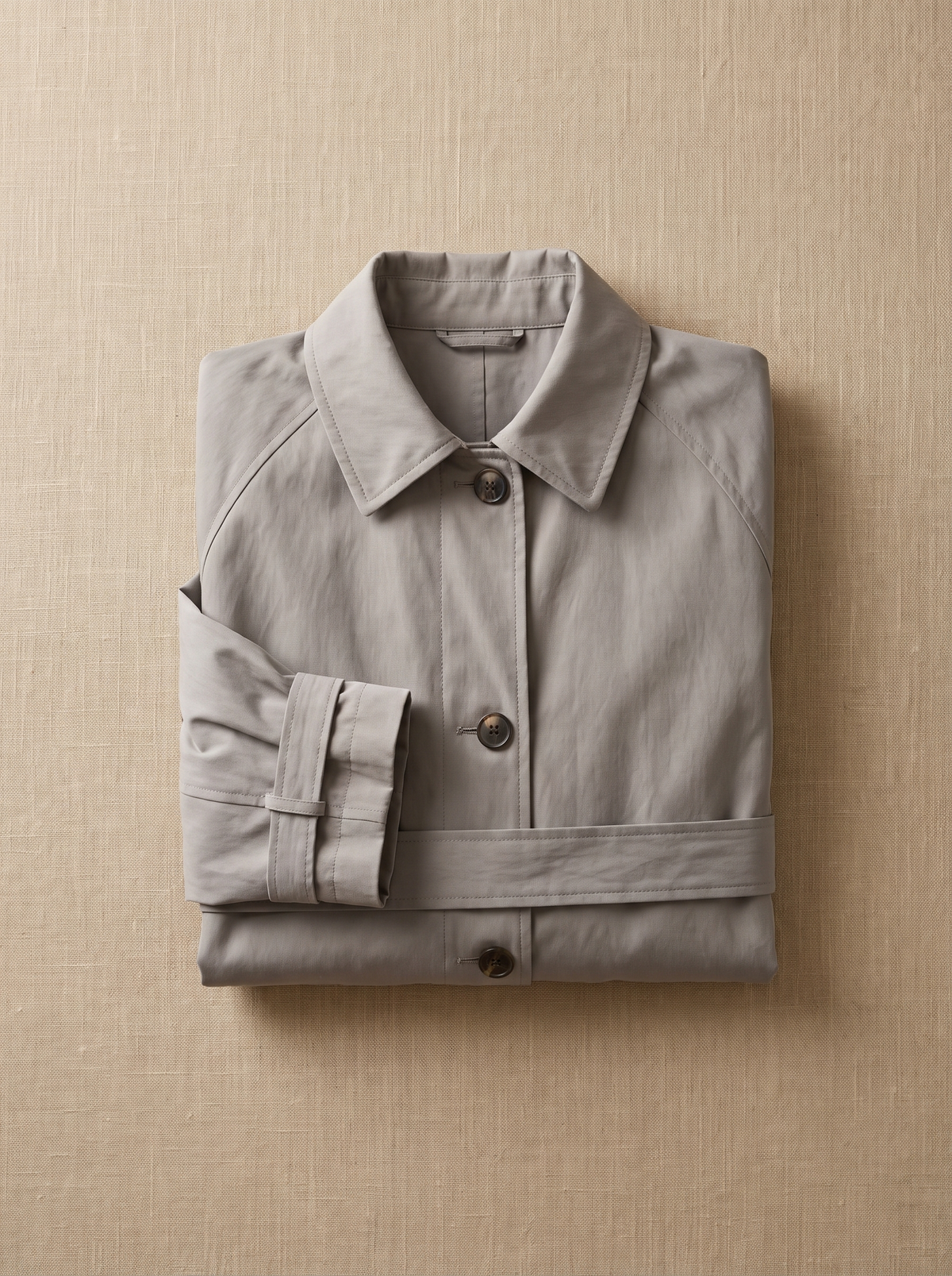 Mirabelle oversized trench coat folded neatly on a table