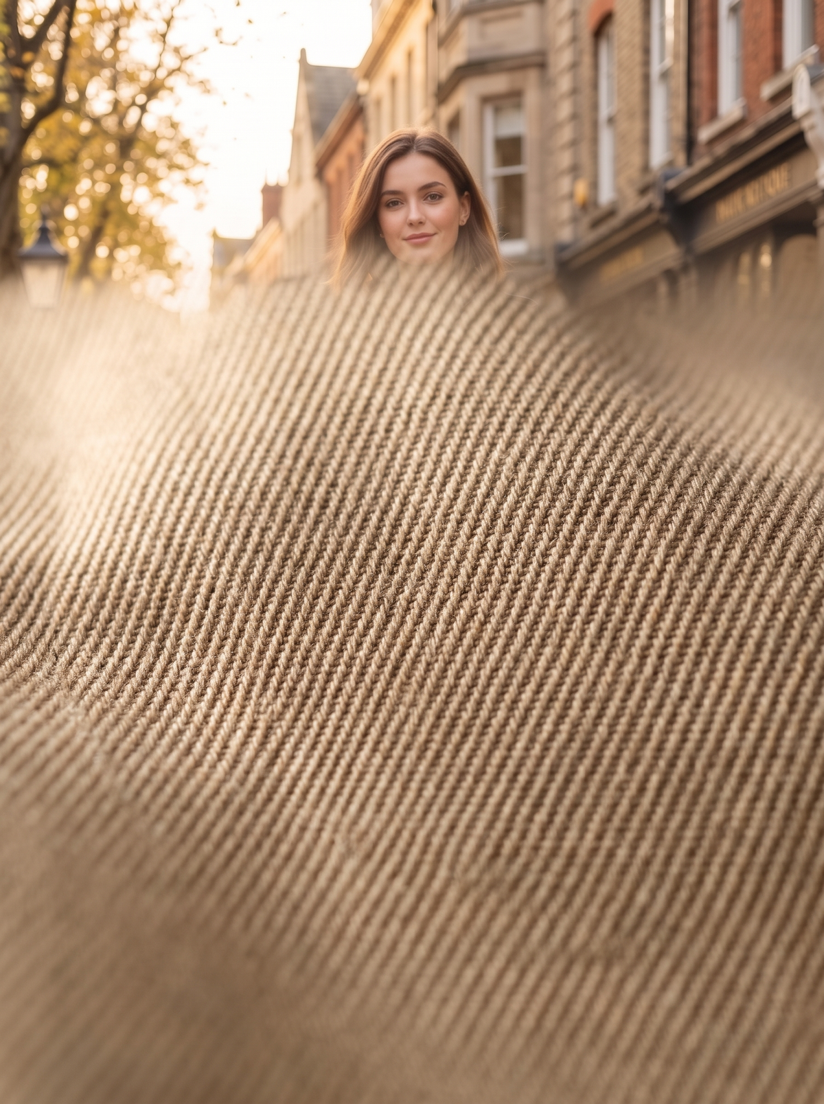 Close up of the fabric of the Aveline double breasted trench coat