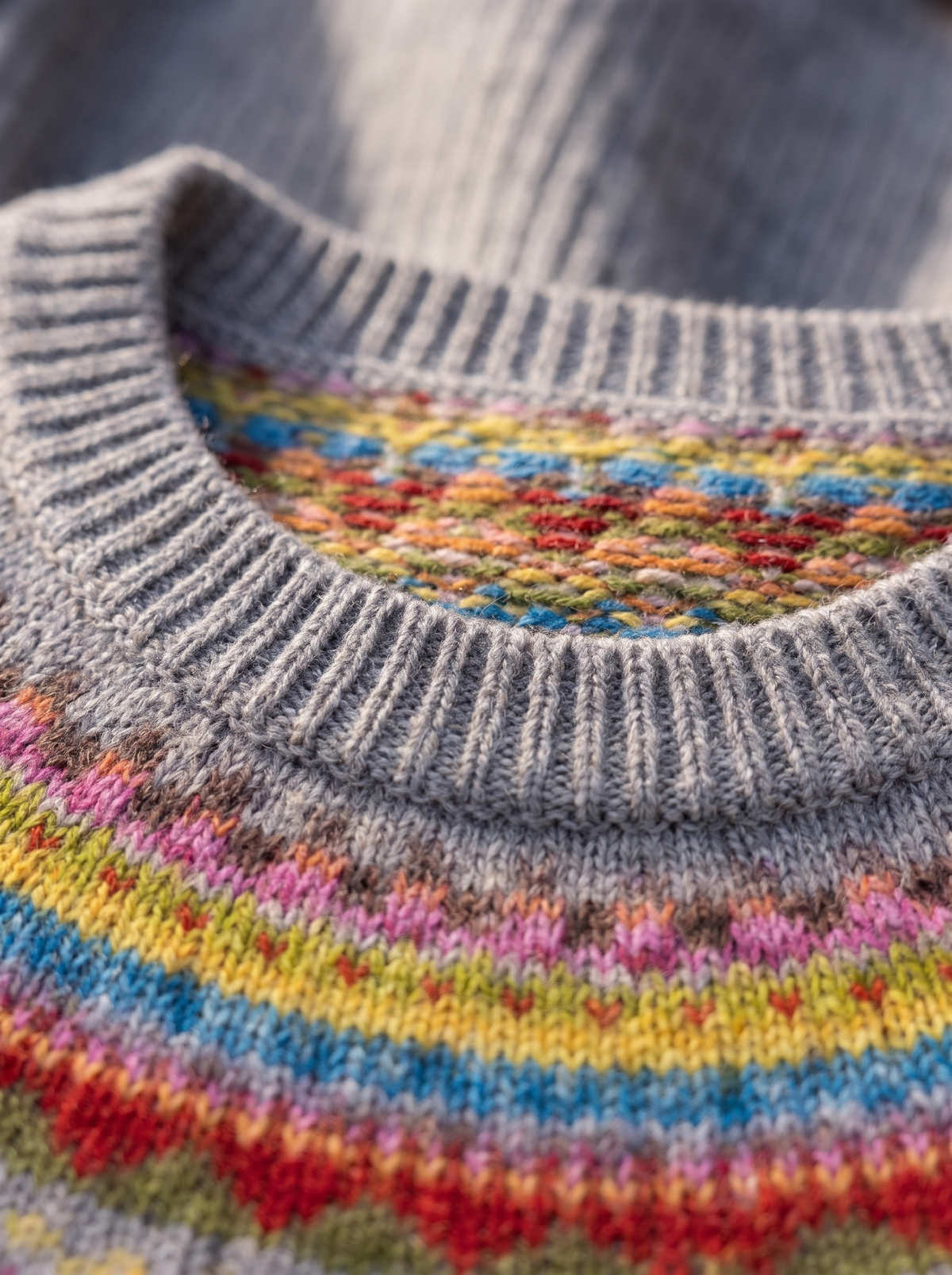 Detail of the Vespera crew neck knit sweater showing its material and finish