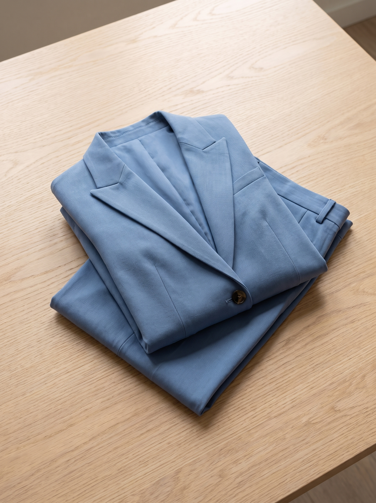 Pomeline wide leg blazer suit set folded neatly on a table