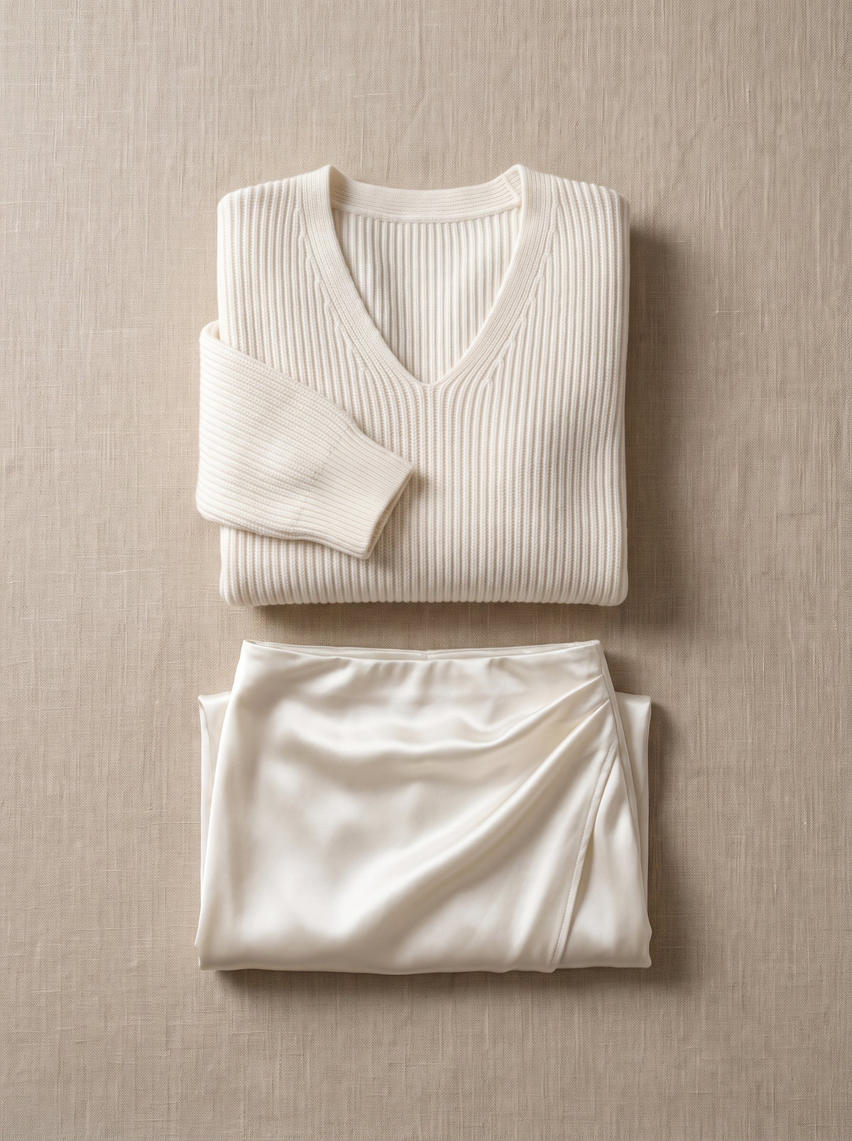 Valentine knit sweater and satin skirt set folded neatly on a table