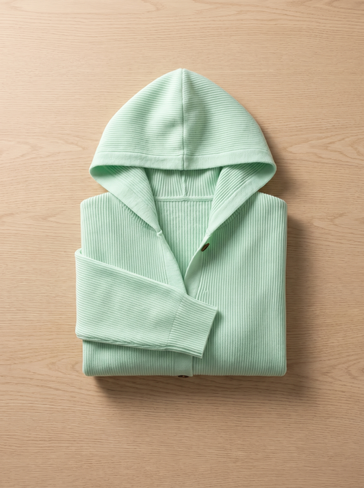 Bellamy hooded cardigan folded neatly on a table