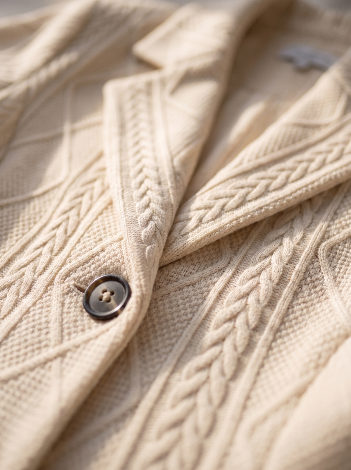 Detail of the Octavia cable knit blazer showing its material and finish