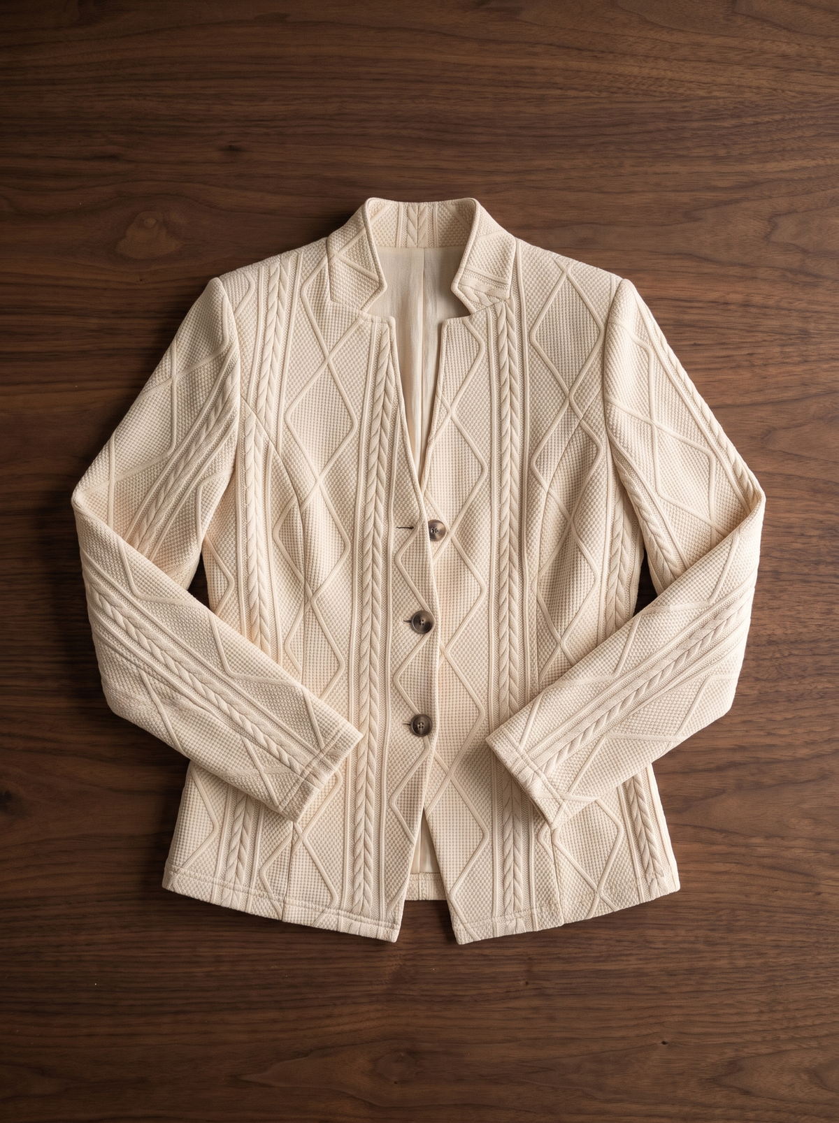 Octavia cable knit blazer folded neatly on a table