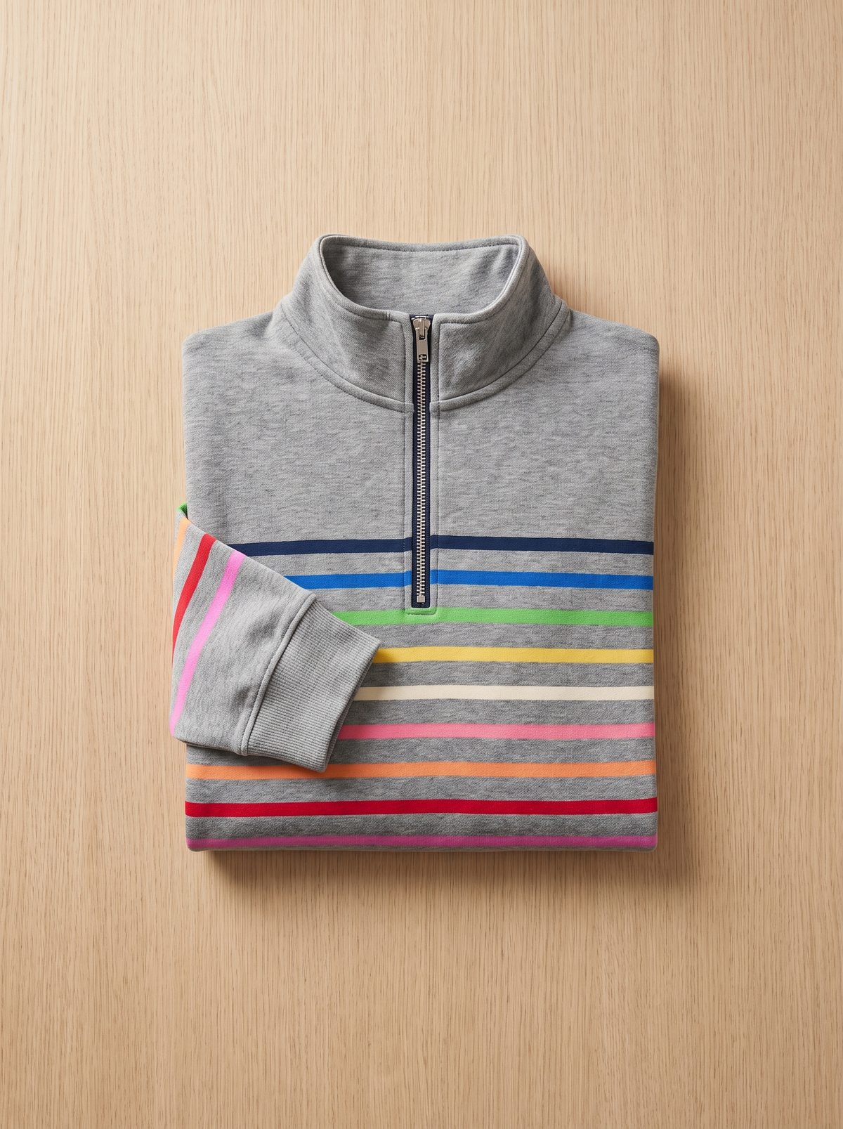 Zephyrine striped half zip sweatshirt folded neatly on a table